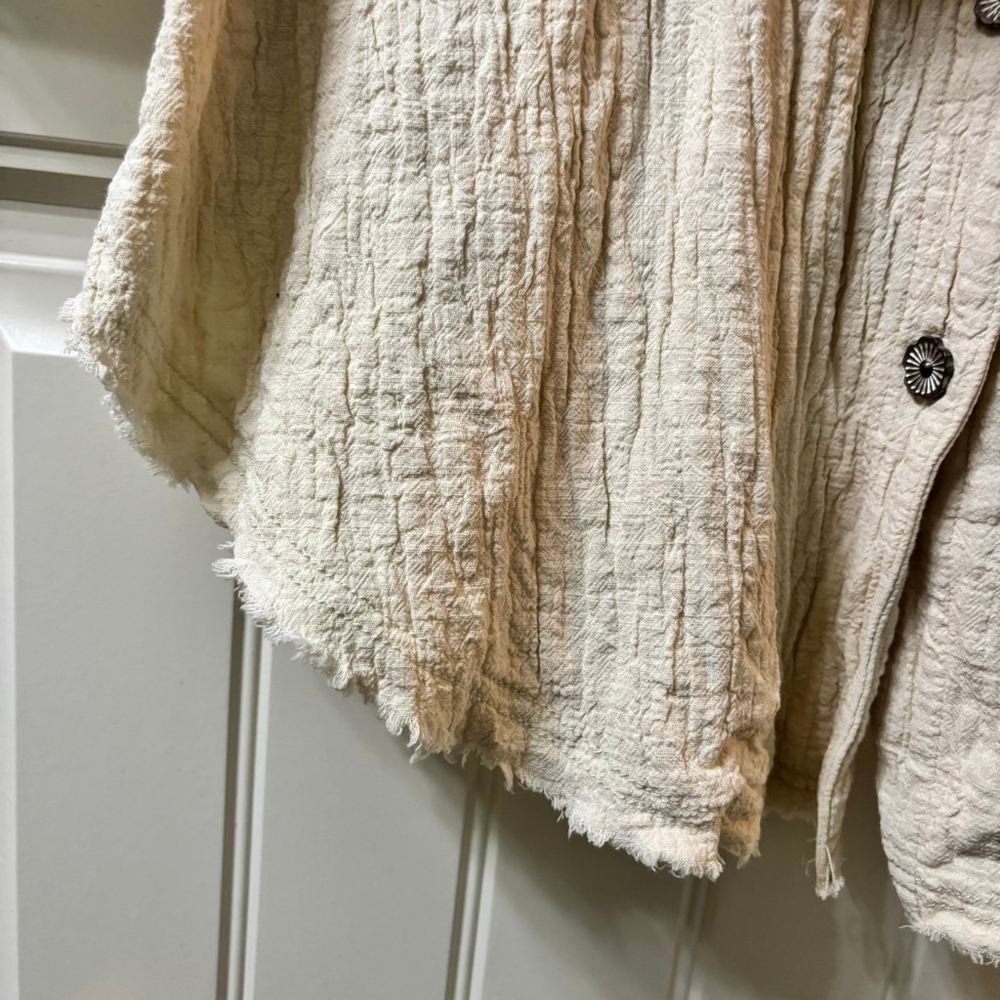 Women's S POL Button Up Shirt Jacket Beige Green Peace Sign Oversized Lagenlook - Picture 10 of 11